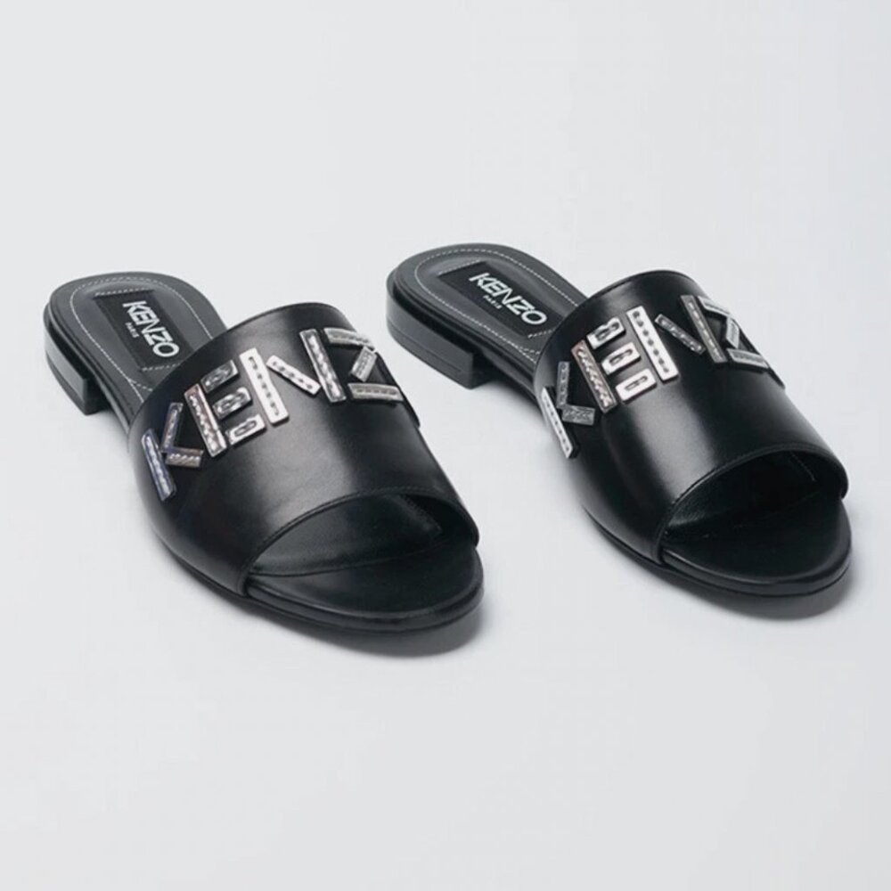 Kenzo Logo Leather Slides Flat Sandals Black Size 37 RARE